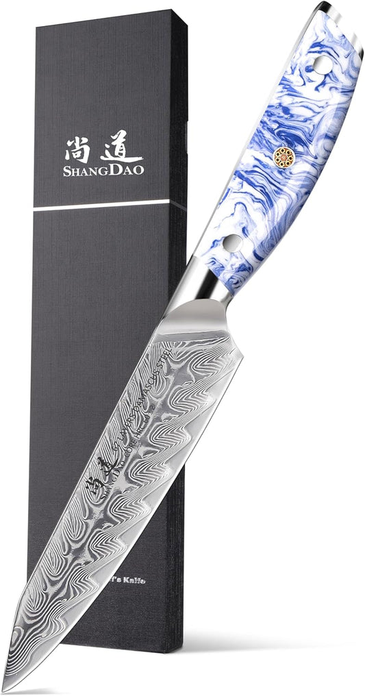 5 Inch Kitchen Utility Knife Razor Sharp Fruit and Vegetable Peeling Knives, Forged Damascus Steel with Blue and White Resin Handle - Full Tang - HUA Series