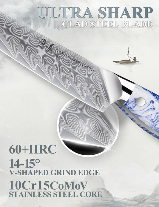 5 Inch Kitchen Utility Knife Razor Sharp Fruit and Vegetable Peeling Knives, Forged Damascus Steel with Blue and White Resin Handle - Full Tang - HUA Series