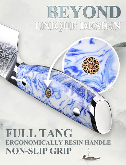 5 Inch Kitchen Utility Knife Razor Sharp Fruit and Vegetable Peeling Knives, Forged Damascus Steel with Blue and White Resin Handle - Full Tang - HUA Series