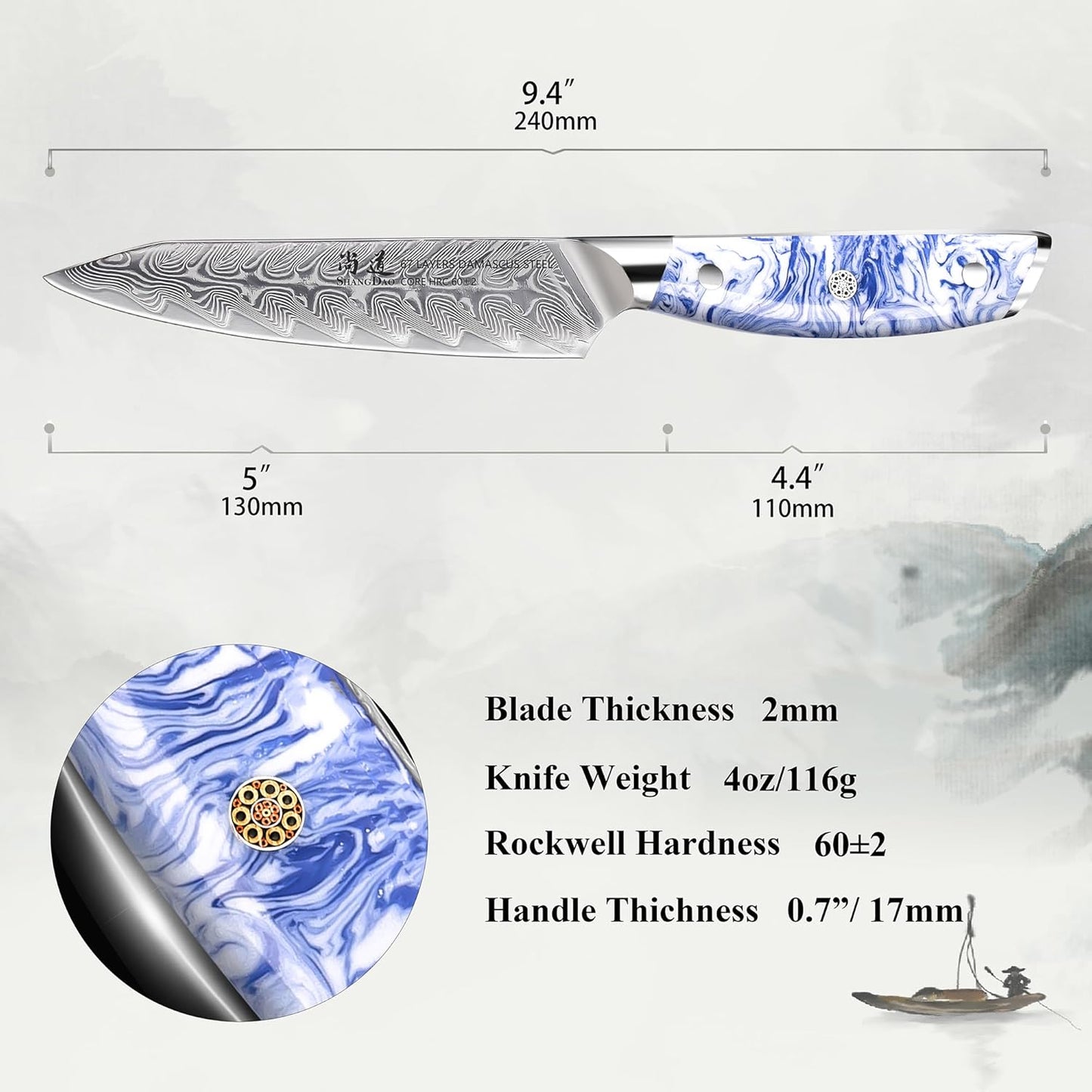 5 Inch Kitchen Utility Knife Razor Sharp Fruit and Vegetable Peeling Knives, Forged Damascus Steel with Blue and White Resin Handle - Full Tang - HUA Series