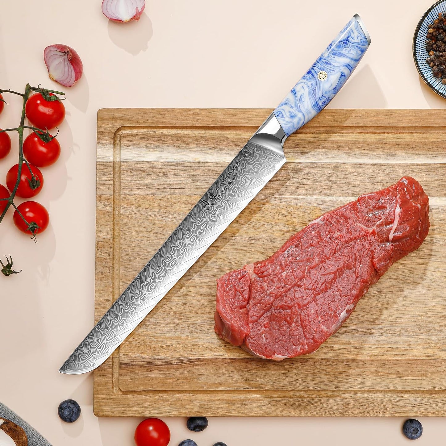5 Inch Kitchen Utility Knife Razor Sharp Fruit and Vegetable Peeling Knives, Forged Damascus Steel with Blue and White Resin Handle - Full Tang - HUA Series