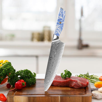 5 Inch Kitchen Utility Knife Razor Sharp Fruit and Vegetable Peeling Knives, Forged Damascus Steel with Blue and White Resin Handle - Full Tang - HUA Series