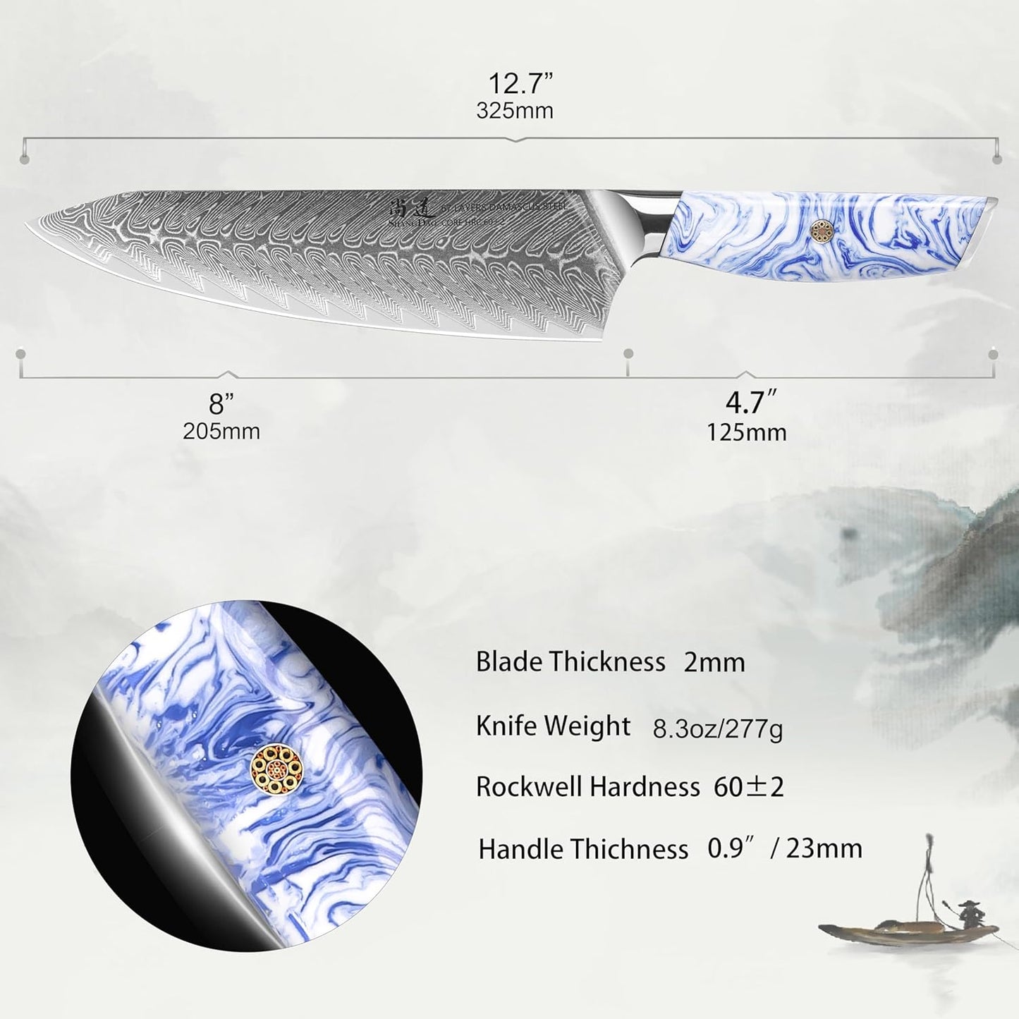 5 Inch Kitchen Utility Knife Razor Sharp Fruit and Vegetable Peeling Knives, Forged Damascus Steel with Blue and White Resin Handle - Full Tang - HUA Series