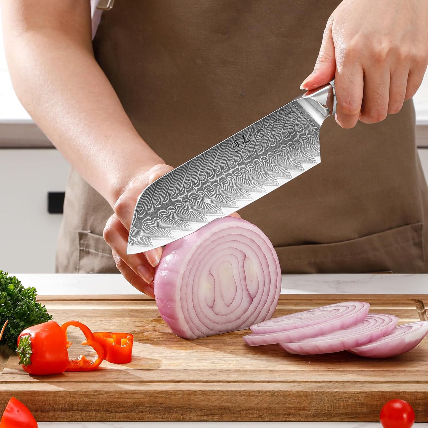 5 Inch Kitchen Utility Knife Razor Sharp Fruit and Vegetable Peeling Knives, Forged Damascus Steel with Blue and White Resin Handle - Full Tang - HUA Series