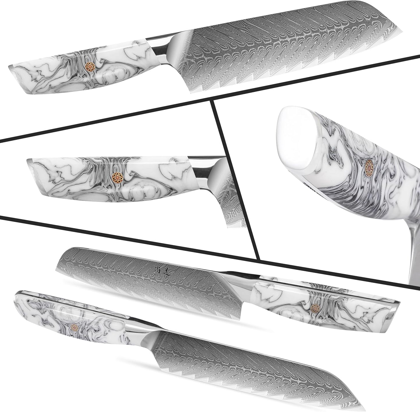 5 Inch Kitchen Utility Knife Razor Sharp Fruit and Vegetable Peeling Knives, Forged Damascus Steel with Blue and White Resin Handle - Full Tang - HUA Series