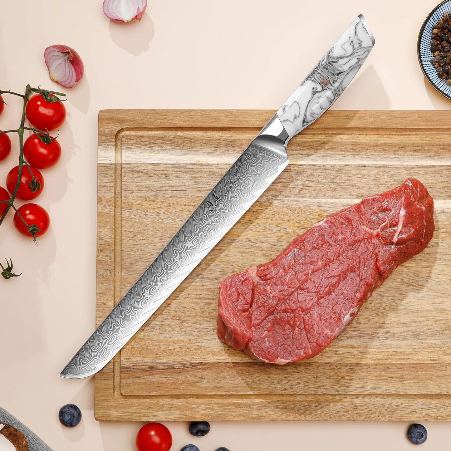 5 Inch Kitchen Utility Knife Razor Sharp Fruit and Vegetable Peeling Knives, Forged Damascus Steel with Blue and White Resin Handle - Full Tang - HUA Series