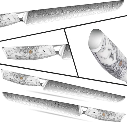 5 Inch Kitchen Utility Knife Razor Sharp Fruit and Vegetable Peeling Knives, Forged Damascus Steel with Blue and White Resin Handle - Full Tang - HUA Series