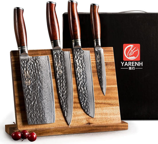 Cleaver Knife Set with Magnetic Block, Damascus Stainless Steel,73 Layers, 5 Piece Professional Sharp Kitchen Knife Set for Chef, Full Tang, Sandalwood Wood Handle
