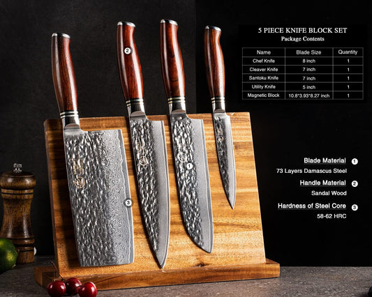 Cleaver Knife Set with Magnetic Block, Damascus Stainless Steel,73 Layers, 5 Piece Professional Sharp Kitchen Knife Set for Chef, Full Tang, Sandalwood Wood Handle