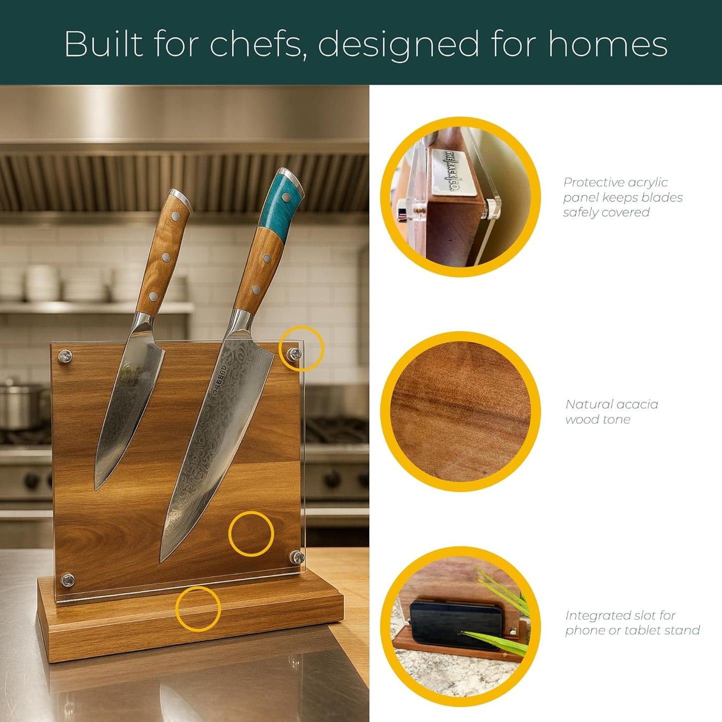 . Magnetic knife holder block stand, double sided wooden magnet board, knife holder (Wood)