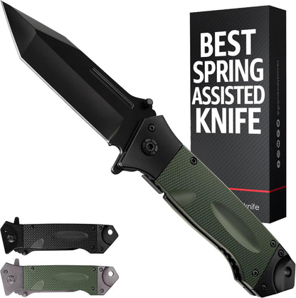 Spring Assisted Heavy Duty Pocket Knife for Men - 3.5" Tanto Sharp Blade - Folding Tactical Japanese Deba Knife with Portable Clip - for Hunting Camping Military Survival Work EDC 6688 BG