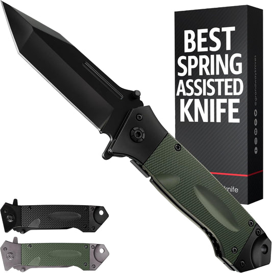 Spring Assisted Heavy Duty Pocket Knife for Men - 3.5" Tanto Sharp Blade - Folding Tactical Japanese Deba Knife with Portable Clip - for Hunting Camping Military Survival Work EDC 6688 BG