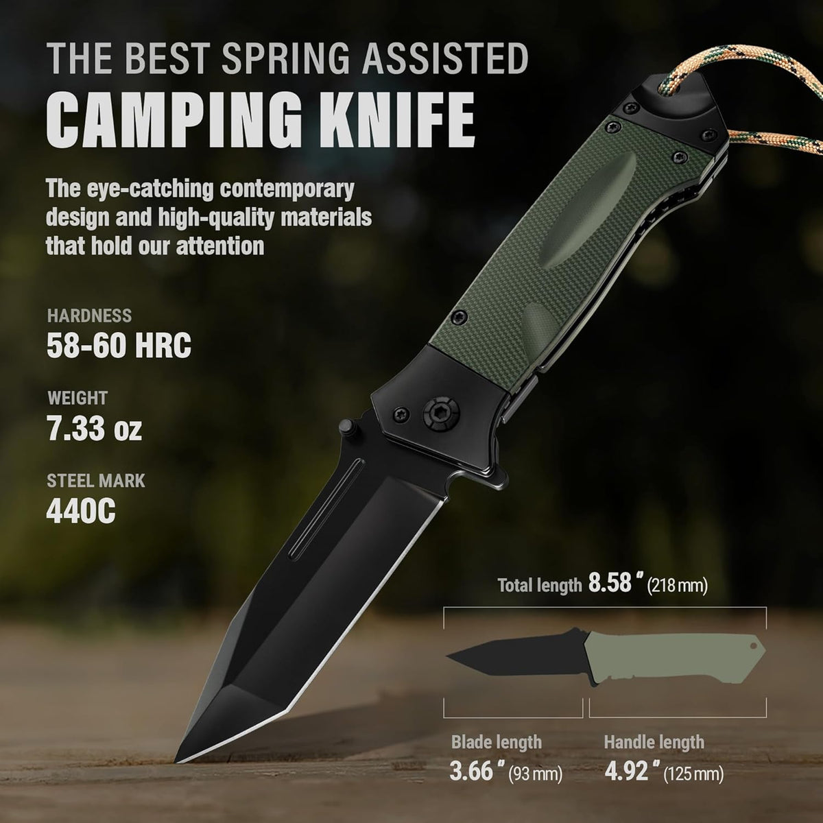 Spring Assisted Heavy Duty Pocket Knife for Men - 3.5" Tanto Sharp Blade - Folding Tactical Japanese Deba Knife with Portable Clip - for Hunting Camping Military Survival Work EDC 6688 BG