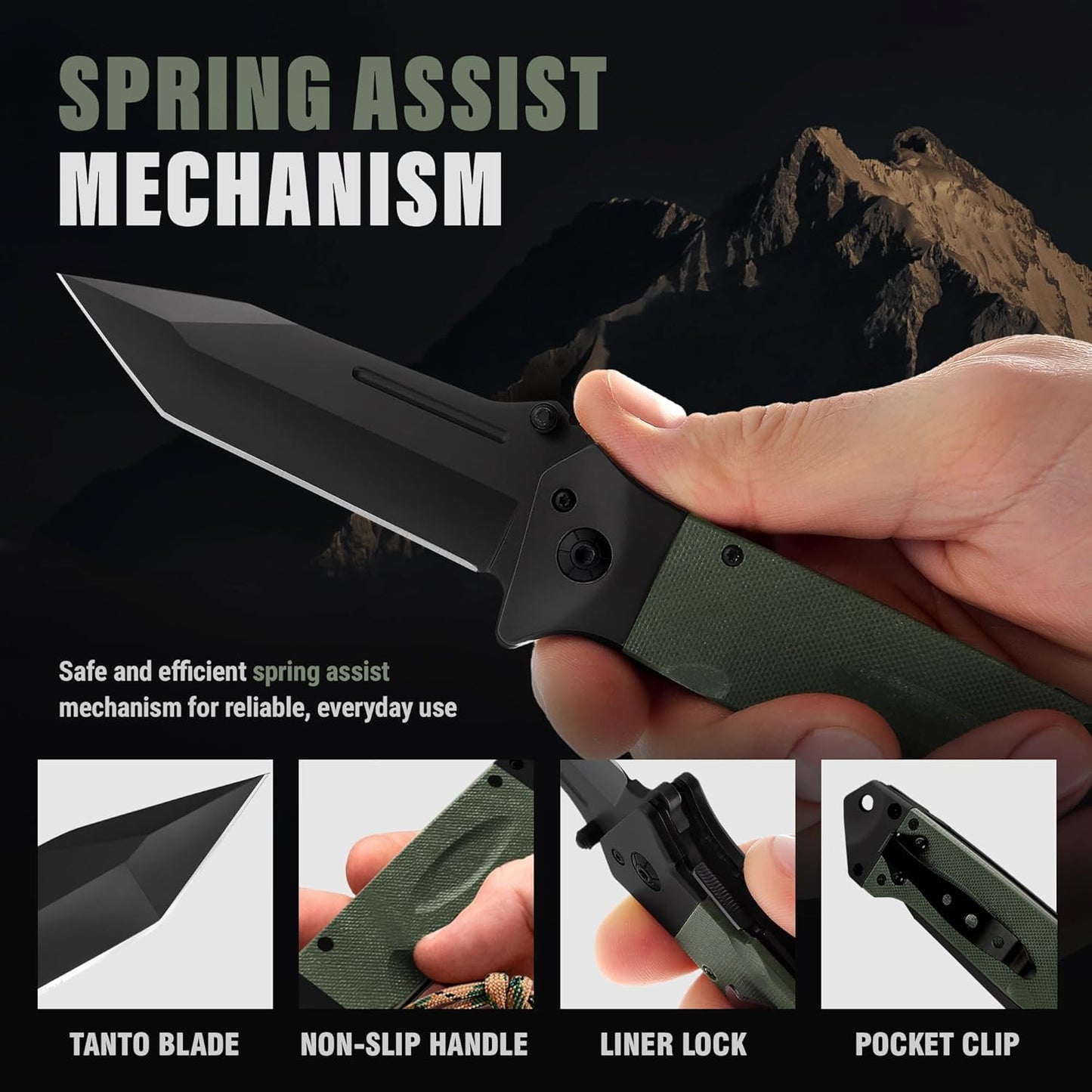 Spring Assisted Heavy Duty Pocket Knife for Men - 3.5" Tanto Sharp Blade - Folding Tactical Japanese Deba Knife with Portable Clip - for Hunting Camping Military Survival Work EDC 6688 BG