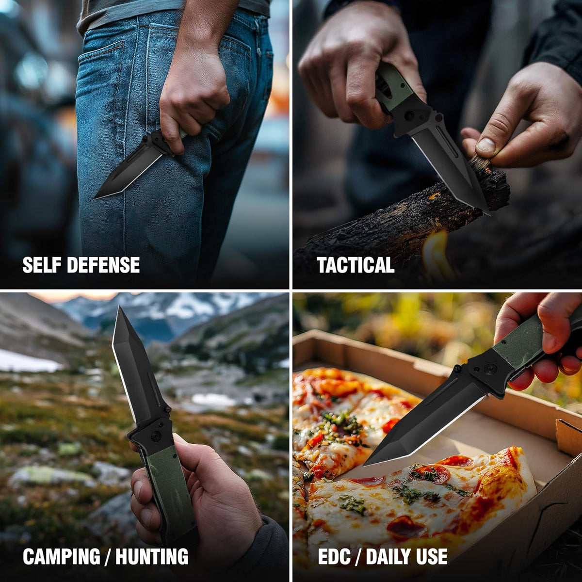 Spring Assisted Heavy Duty Pocket Knife for Men - 3.5" Tanto Sharp Blade - Folding Tactical Japanese Deba Knife with Portable Clip - for Hunting Camping Military Survival Work EDC 6688 BG