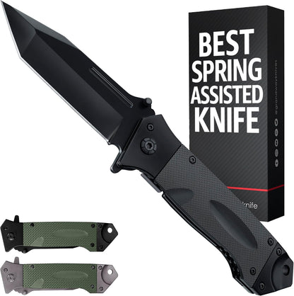 Spring Assisted Heavy Duty Pocket Knife for Men - 3.5" Tanto Sharp Blade - Folding Tactical Japanese Deba Knife with Portable Clip - for Hunting Camping Military Survival Work EDC 6688 BG