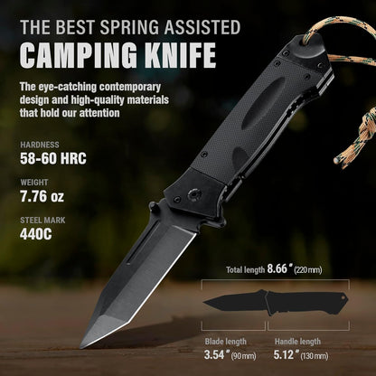 Spring Assisted Heavy Duty Pocket Knife for Men - 3.5" Tanto Sharp Blade - Folding Tactical Japanese Deba Knife with Portable Clip - for Hunting Camping Military Survival Work EDC 6688 BG