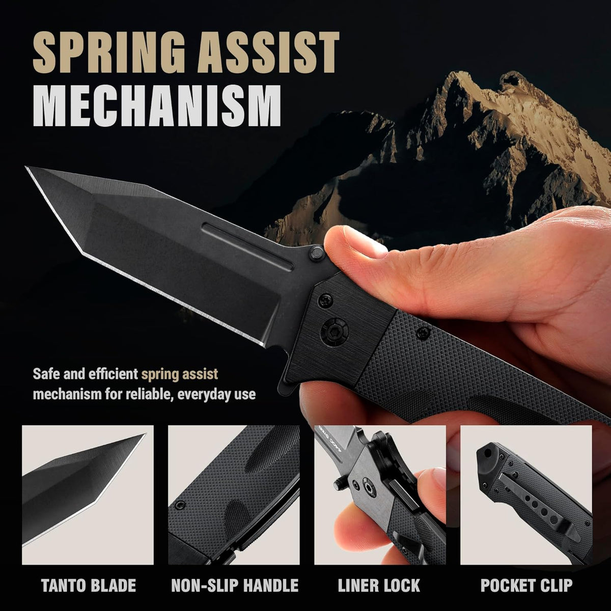 Spring Assisted Heavy Duty Pocket Knife for Men - 3.5" Tanto Sharp Blade - Folding Tactical Japanese Deba Knife with Portable Clip - for Hunting Camping Military Survival Work EDC 6688 BG