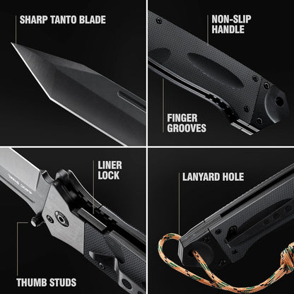 Spring Assisted Heavy Duty Pocket Knife for Men - 3.5" Tanto Sharp Blade - Folding Tactical Japanese Deba Knife with Portable Clip - for Hunting Camping Military Survival Work EDC 6688 BG