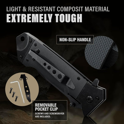 Spring Assisted Heavy Duty Pocket Knife for Men - 3.5" Tanto Sharp Blade - Folding Tactical Japanese Deba Knife with Portable Clip - for Hunting Camping Military Survival Work EDC 6688 BG