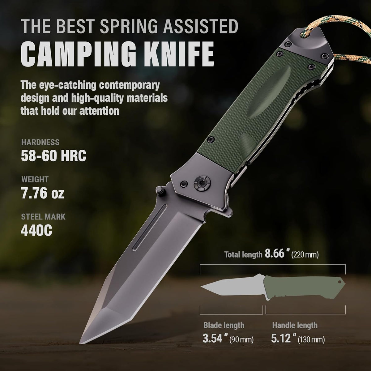 Spring Assisted Heavy Duty Pocket Knife for Men - 3.5" Tanto Sharp Blade - Folding Tactical Japanese Deba Knife with Portable Clip - for Hunting Camping Military Survival Work EDC 6688 BG