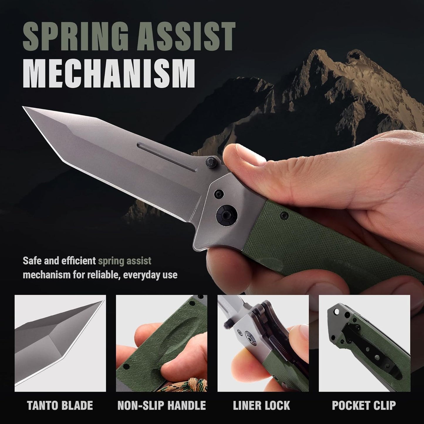 Spring Assisted Heavy Duty Pocket Knife for Men - 3.5" Tanto Sharp Blade - Folding Tactical Japanese Deba Knife with Portable Clip - for Hunting Camping Military Survival Work EDC 6688 BG