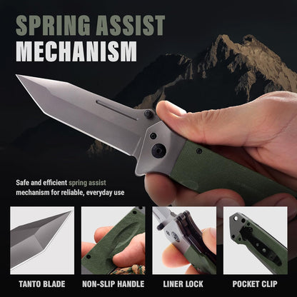 Spring Assisted Heavy Duty Pocket Knife for Men - 3.5" Tanto Sharp Blade - Folding Tactical Japanese Deba Knife with Portable Clip - for Hunting Camping Military Survival Work EDC 6688 BG