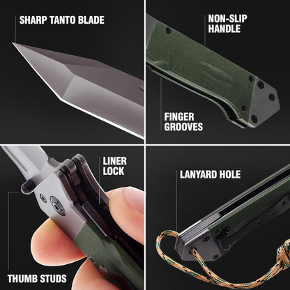 Spring Assisted Heavy Duty Pocket Knife for Men - 3.5" Tanto Sharp Blade - Folding Tactical Japanese Deba Knife with Portable Clip - for Hunting Camping Military Survival Work EDC 6688 BG