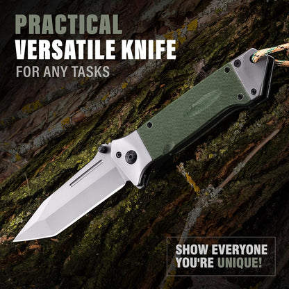 Spring Assisted Heavy Duty Pocket Knife for Men - 3.5" Tanto Sharp Blade - Folding Tactical Japanese Deba Knife with Portable Clip - for Hunting Camping Military Survival Work EDC 6688 BG