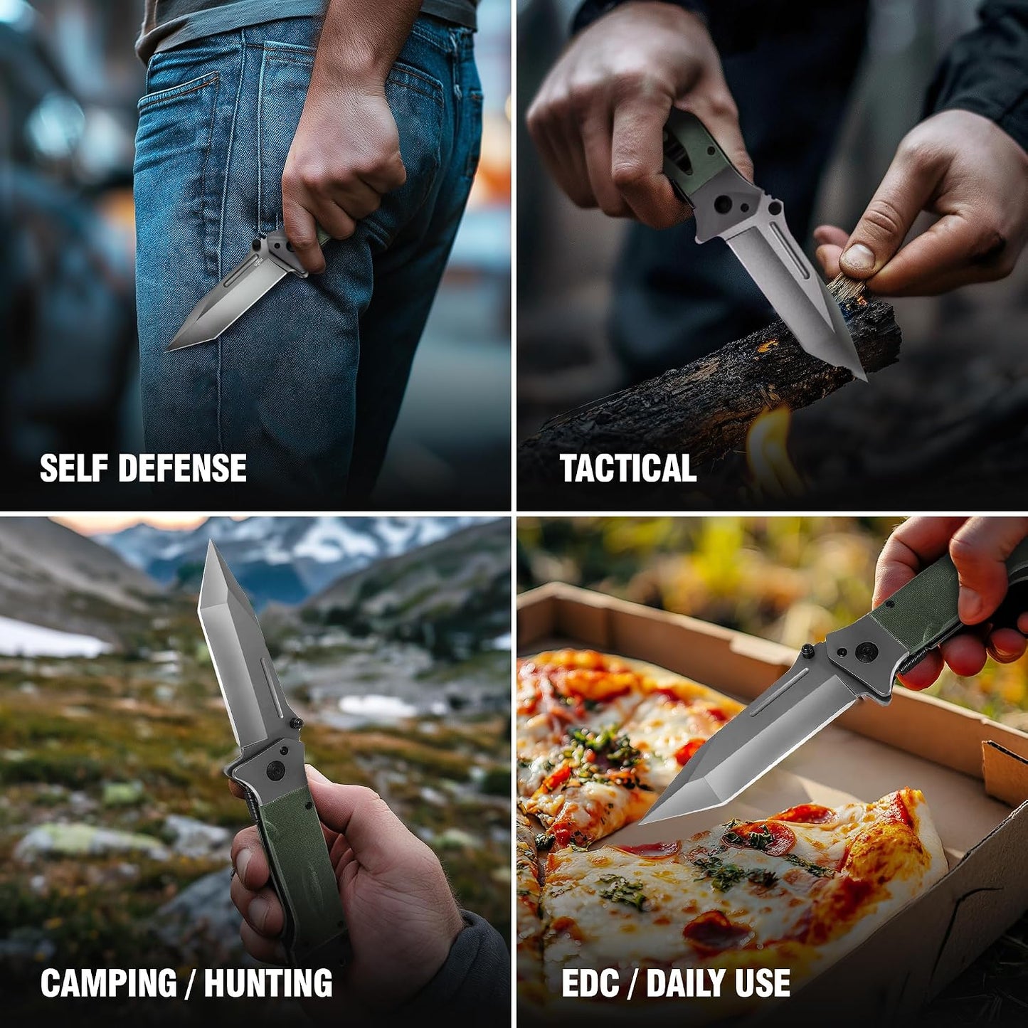 Spring Assisted Heavy Duty Pocket Knife for Men - 3.5" Tanto Sharp Blade - Folding Tactical Japanese Deba Knife with Portable Clip - for Hunting Camping Military Survival Work EDC 6688 BG