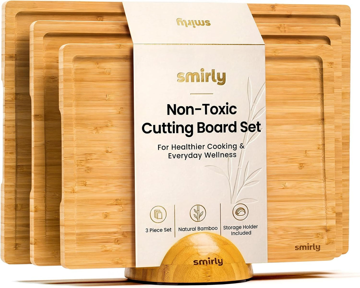 Bamboo Cutting Boards for Kitchen - Wood Cutting Board for Meal Prep, Serving, Charcuterie - Kitchen Gadgets, House Warming Gifts - Wooden Chopping Board Set of 3 with Holder - Natural Bamboo