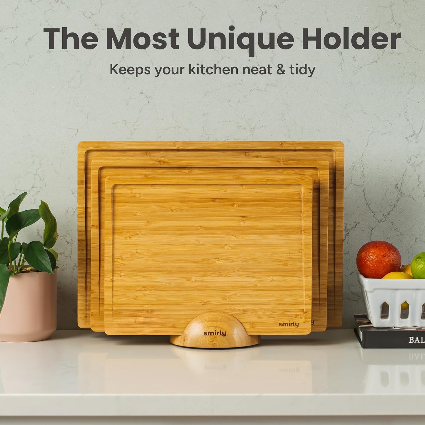 Bamboo Cutting Boards for Kitchen - Wood Cutting Board for Meal Prep, Serving, Charcuterie - Kitchen Gadgets, House Warming Gifts - Wooden Chopping Board Set of 3 with Holder - Natural Bamboo