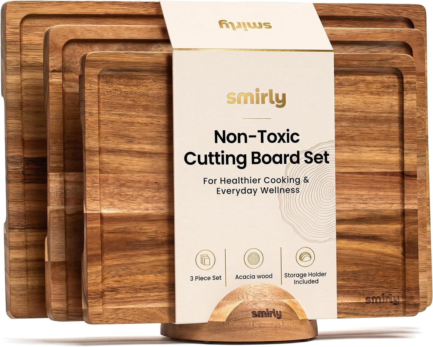 Bamboo Cutting Boards for Kitchen - Wood Cutting Board for Meal Prep, Serving, Charcuterie - Kitchen Gadgets, House Warming Gifts - Wooden Chopping Board Set of 3 with Holder - Natural Bamboo