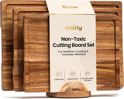 Bamboo Cutting Boards for Kitchen - Wood Cutting Board for Meal Prep, Serving, Charcuterie - Kitchen Gadgets, House Warming Gifts - Wooden Chopping Board Set of 3 with Holder - Natural Bamboo