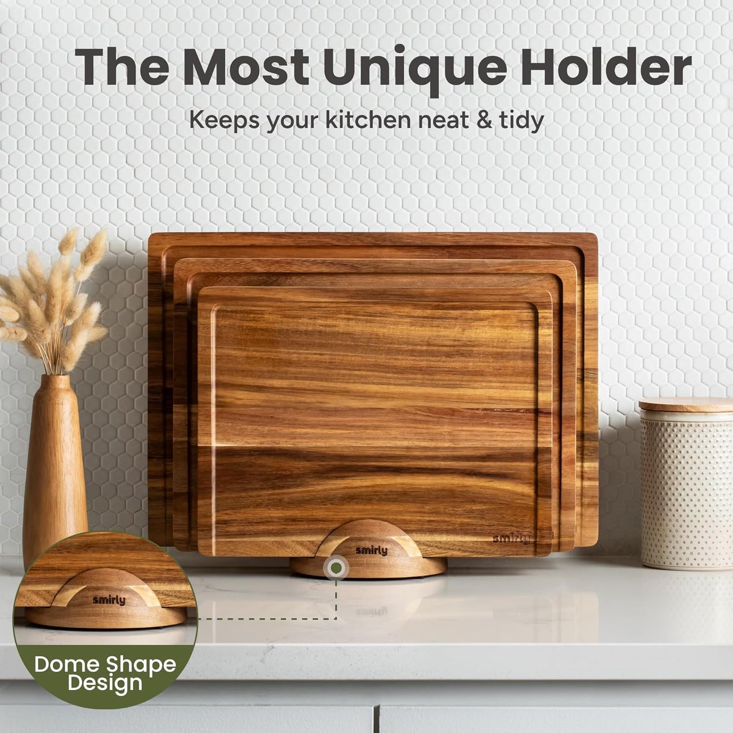 Bamboo Cutting Boards for Kitchen - Wood Cutting Board for Meal Prep, Serving, Charcuterie - Kitchen Gadgets, House Warming Gifts - Wooden Chopping Board Set of 3 with Holder - Natural Bamboo