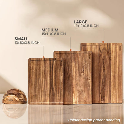 Bamboo Cutting Boards for Kitchen - Wood Cutting Board for Meal Prep, Serving, Charcuterie - Kitchen Gadgets, House Warming Gifts - Wooden Chopping Board Set of 3 with Holder - Natural Bamboo