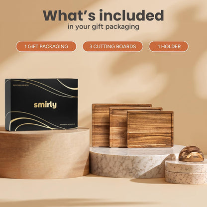 Bamboo Cutting Boards for Kitchen - Wood Cutting Board for Meal Prep, Serving, Charcuterie - Kitchen Gadgets, House Warming Gifts - Wooden Chopping Board Set of 3 with Holder - Natural Bamboo