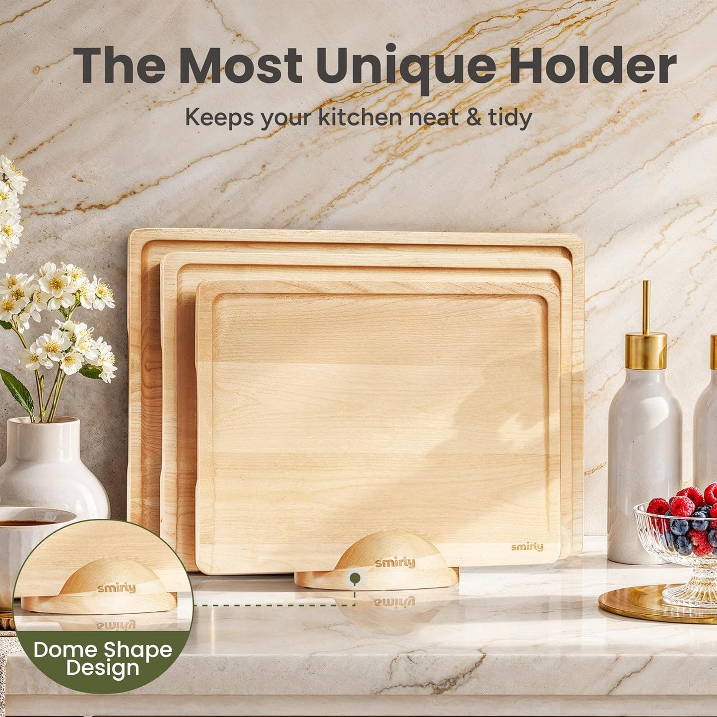 Bamboo Cutting Boards for Kitchen - Wood Cutting Board for Meal Prep, Serving, Charcuterie - Kitchen Gadgets, House Warming Gifts - Wooden Chopping Board Set of 3 with Holder - Natural Bamboo