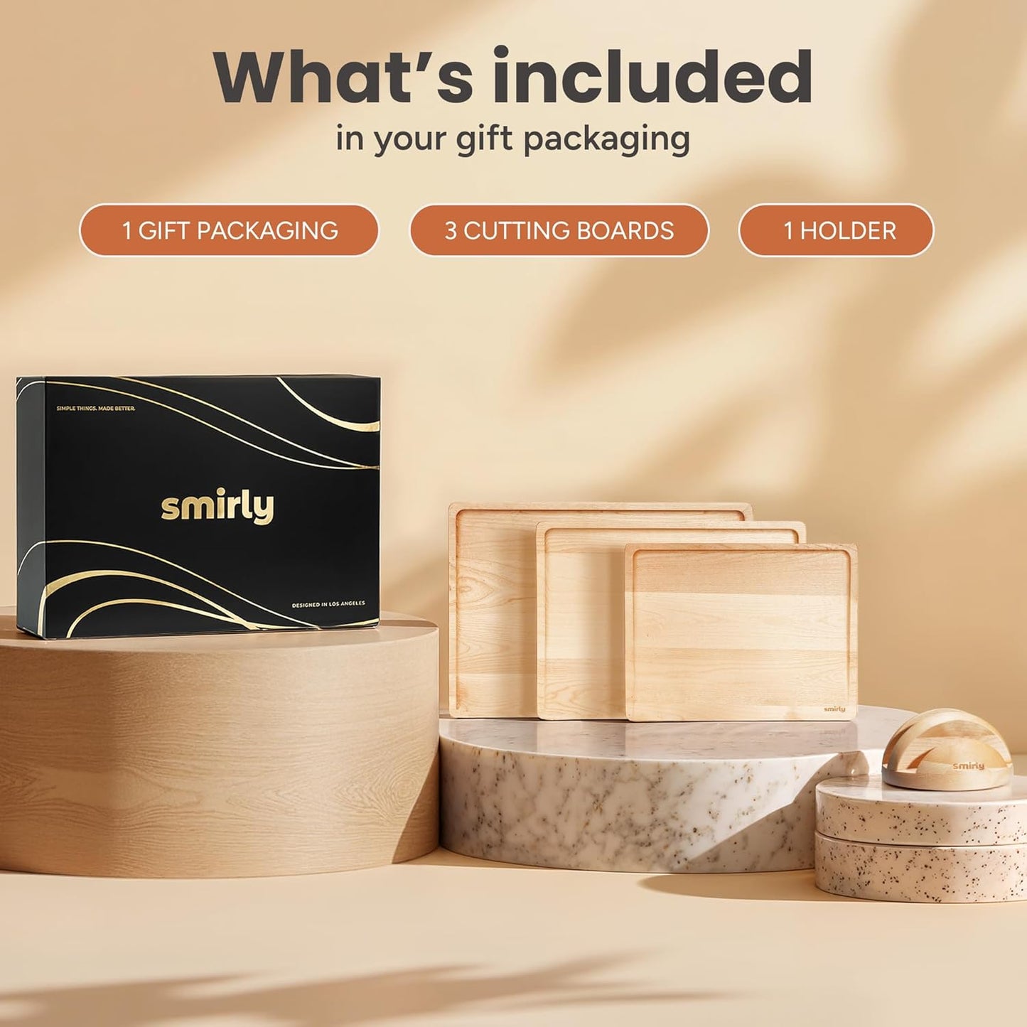 Bamboo Cutting Boards for Kitchen - Wood Cutting Board for Meal Prep, Serving, Charcuterie - Kitchen Gadgets, House Warming Gifts - Wooden Chopping Board Set of 3 with Holder - Natural Bamboo