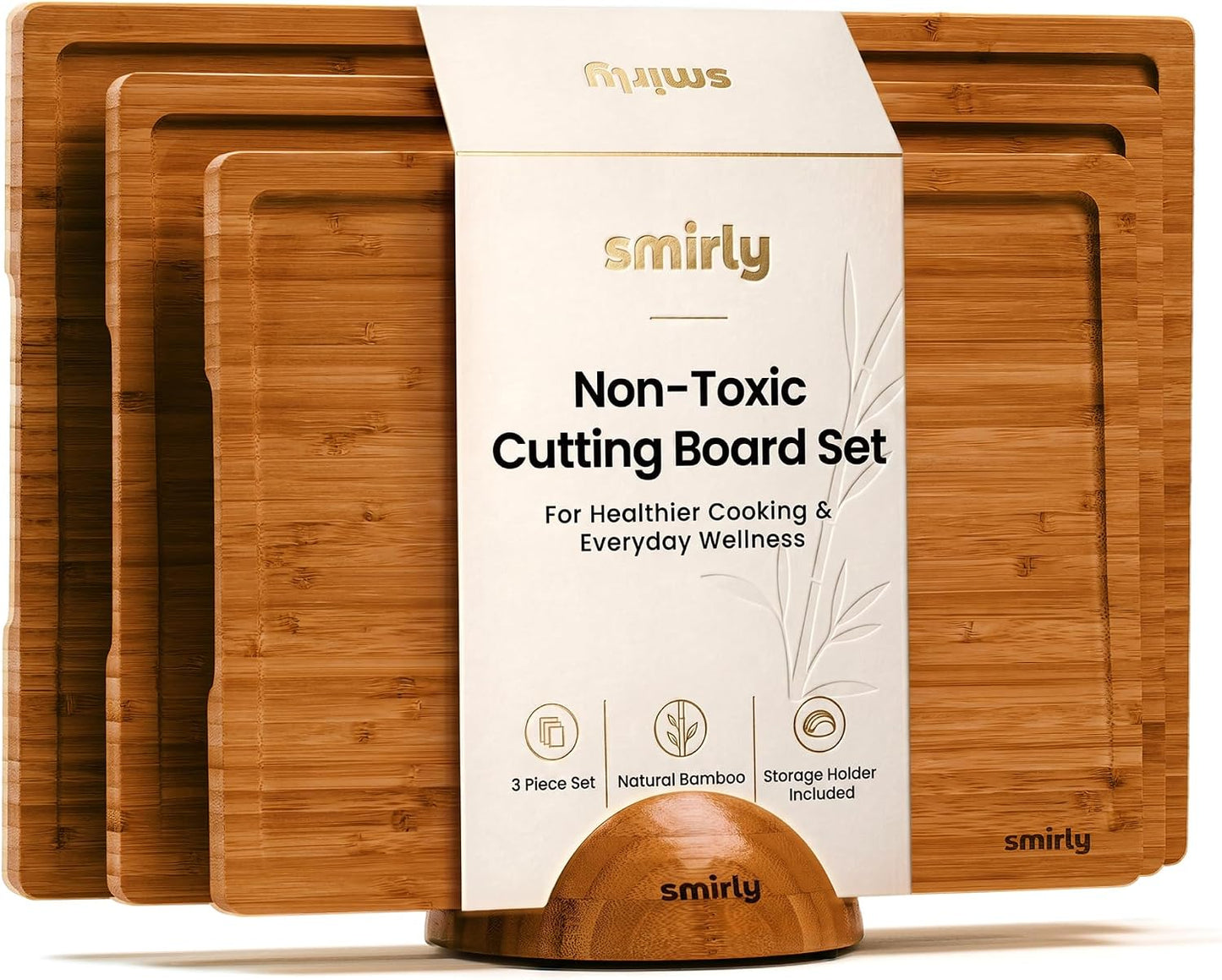 Bamboo Cutting Boards for Kitchen - Wood Cutting Board for Meal Prep, Serving, Charcuterie - Kitchen Gadgets, House Warming Gifts - Wooden Chopping Board Set of 3 with Holder - Natural Bamboo