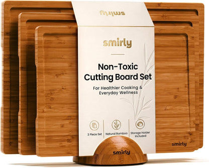 Bamboo Cutting Boards for Kitchen - Wood Cutting Board for Meal Prep, Serving, Charcuterie - Kitchen Gadgets, House Warming Gifts - Wooden Chopping Board Set of 3 with Holder - Natural Bamboo