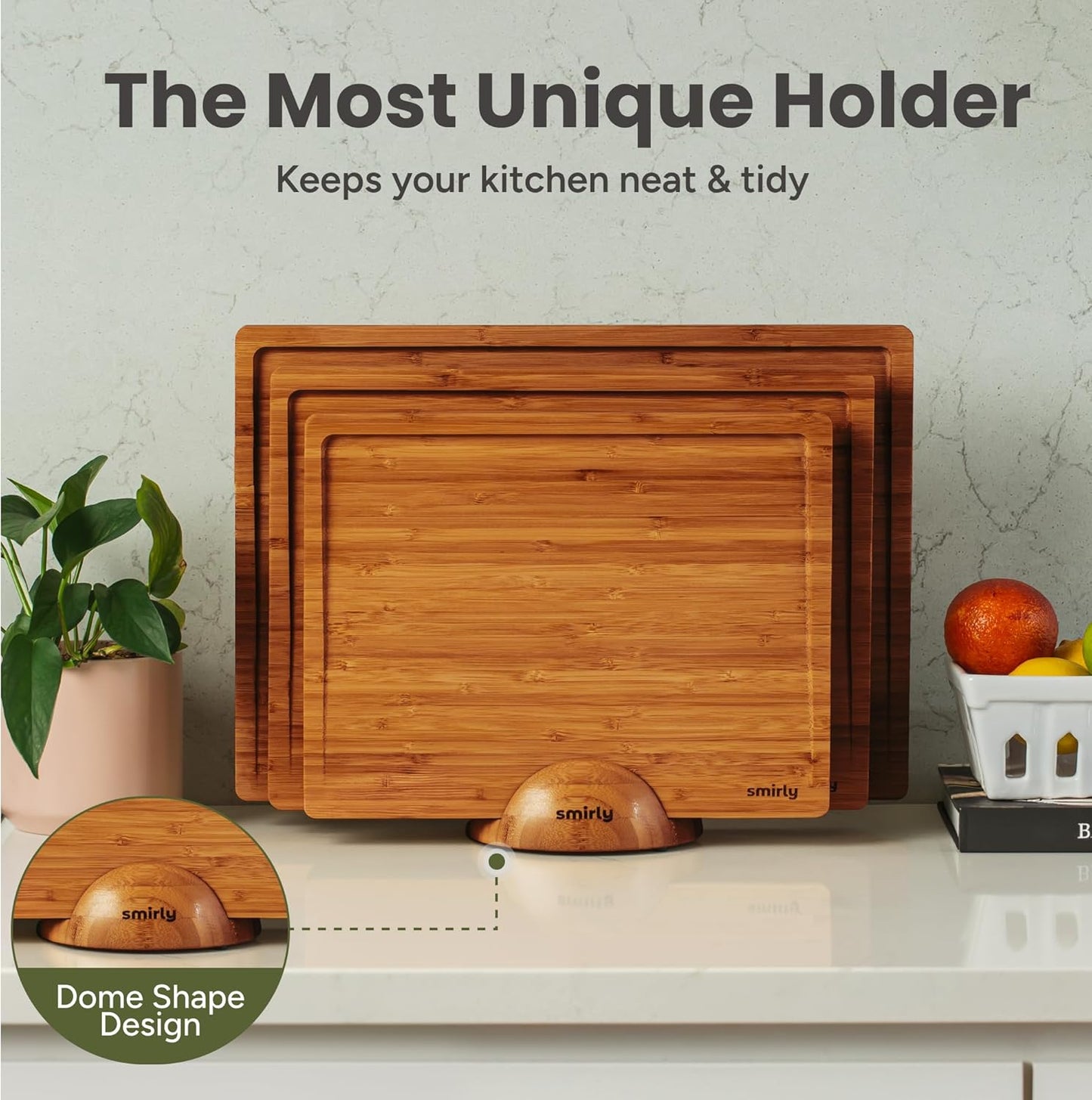 Bamboo Cutting Boards for Kitchen - Wood Cutting Board for Meal Prep, Serving, Charcuterie - Kitchen Gadgets, House Warming Gifts - Wooden Chopping Board Set of 3 with Holder - Natural Bamboo