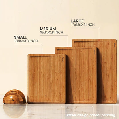 Bamboo Cutting Boards for Kitchen - Wood Cutting Board for Meal Prep, Serving, Charcuterie - Kitchen Gadgets, House Warming Gifts - Wooden Chopping Board Set of 3 with Holder - Natural Bamboo