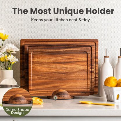 Bamboo Cutting Boards for Kitchen - Wood Cutting Board for Meal Prep, Serving, Charcuterie - Kitchen Gadgets, House Warming Gifts - Wooden Chopping Board Set of 3 with Holder - Natural Bamboo