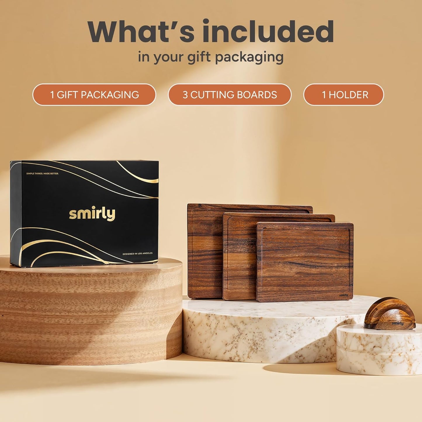 Bamboo Cutting Boards for Kitchen - Wood Cutting Board for Meal Prep, Serving, Charcuterie - Kitchen Gadgets, House Warming Gifts - Wooden Chopping Board Set of 3 with Holder - Natural Bamboo