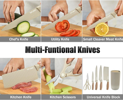 Knife Set, 6-Piece Khaki Kitchen Knife Set for Home, Anti-Rust Non-stick Stainless Steel Sharp Chef Knife Sets with Universal Knife Block for Kitchen, Ergonomical Design (Khaki)