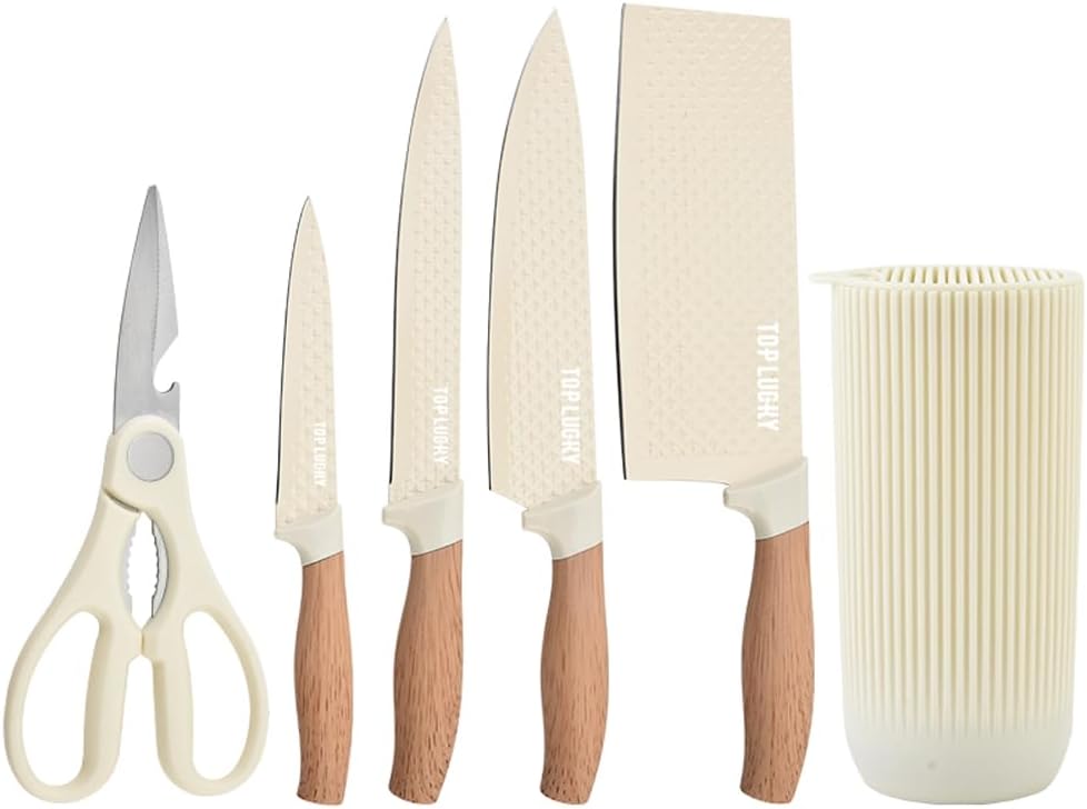 Knife Set, 6-Piece Khaki Kitchen Knife Set for Home, Anti-Rust Non-stick Stainless Steel Sharp Chef Knife Sets with Universal Knife Block for Kitchen, Ergonomical Design (Khaki)