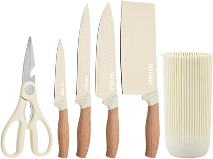 Knife Set, 6-Piece Khaki Kitchen Knife Set for Home, Anti-Rust Non-stick Stainless Steel Sharp Chef Knife Sets with Universal Knife Block for Kitchen, Ergonomical Design (Khaki)