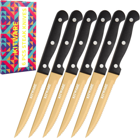 Gold Steak Knives Set of 6 pcs with Gift Box, 4.5 inch Stainless Steel Steak sets, Serrated Edge Metal Knife Sets for Dinner Table, Knife for Barbeque, Picnic, Camping, Hiking