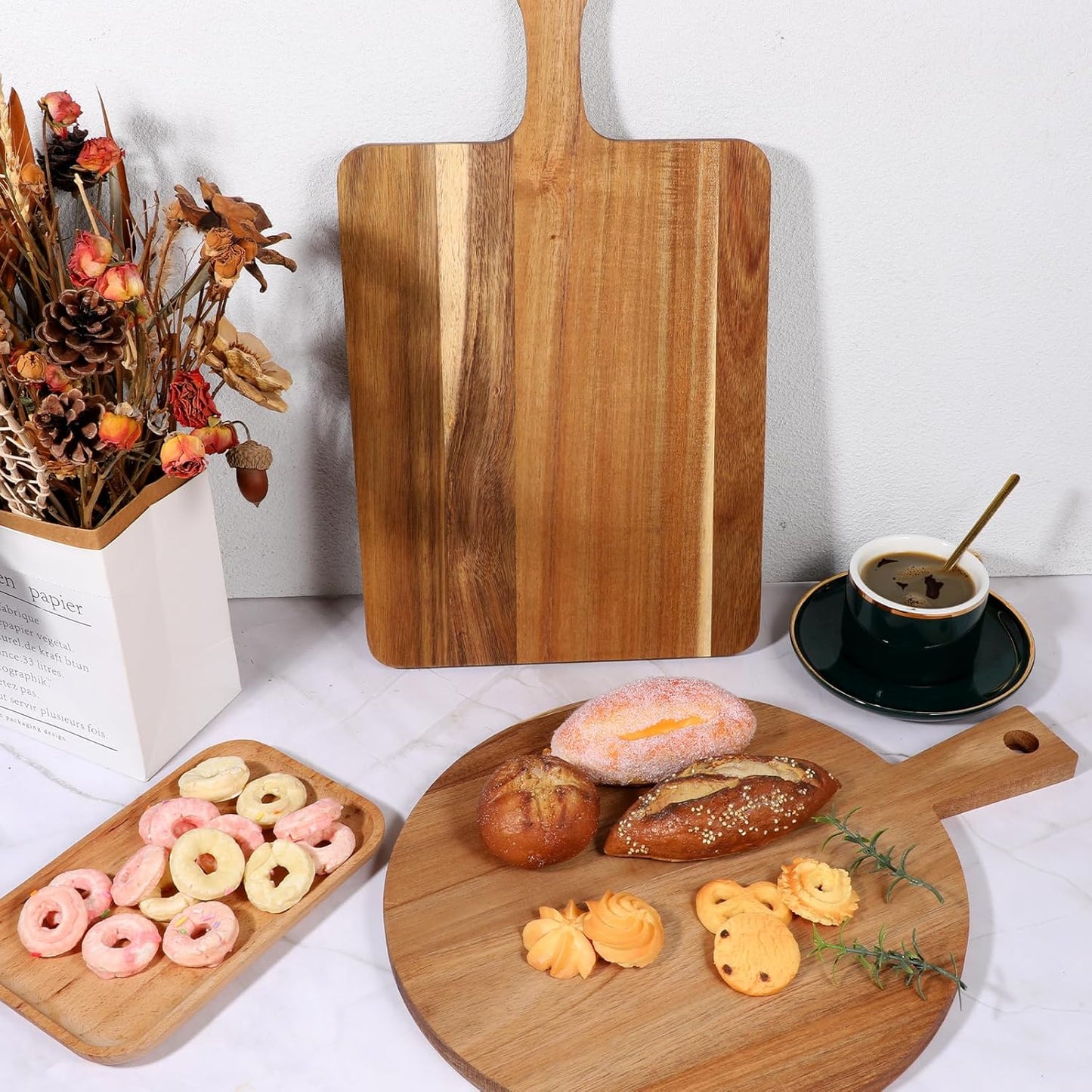 2 Pcs Wood Cutting Board with Handle Decorative Wooden Serving Board Large Chopping Cutting Board Set Charcuterie Board for Cheese Board Meat Bread Chopping Blocks